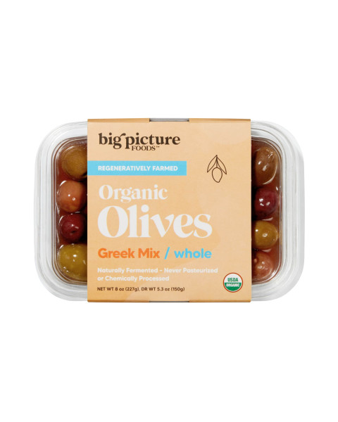 Big Picture Foods Whole Organic Greek Mix Olives, Refrigerated Fresh, Tray 8/8 OZ