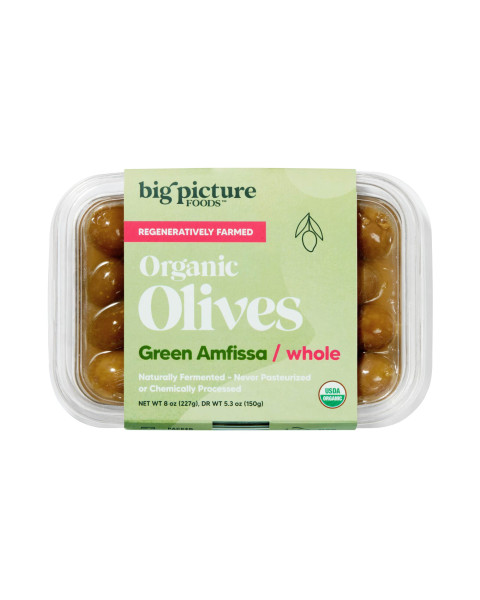Big Picture Foods Whole Organic Green Amfissa Olives Refrigerated Fresh, Tray 8/8 OZ