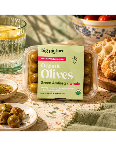 Big Picture Foods Pitted Organic Green Amfissa Olives, Refrigerated Fresh, Tray 8/8 OZ 